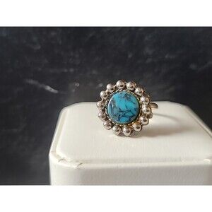Vintage Faux Turquoise Floral Adjustable Silver Tone Metal Ring, Size US 5.75